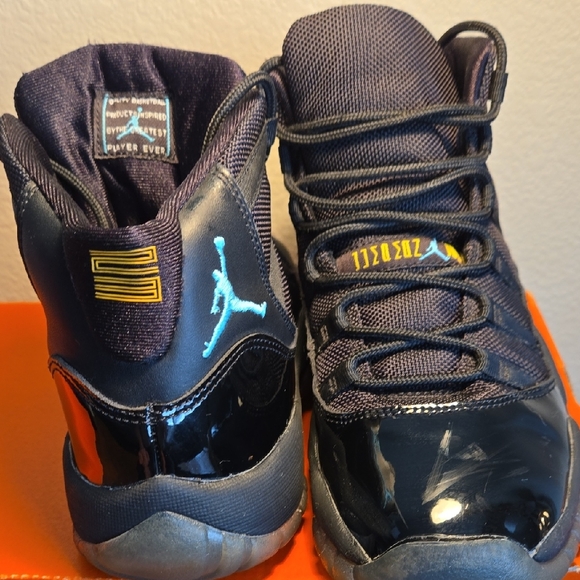 Size 6Y Black and Gold Jordon 11 Retro Gamma Blue High-Top Sneakers - Picture 3 of 11